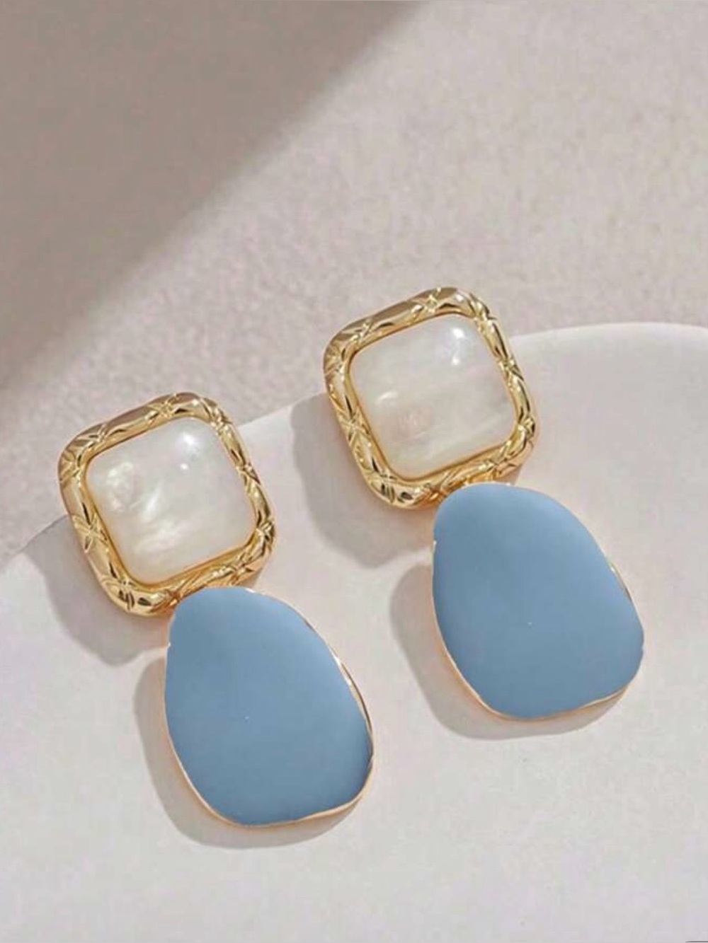 Blue Drop Statement Earrings | Gold Tone & Faux Pearl Accent Earrings